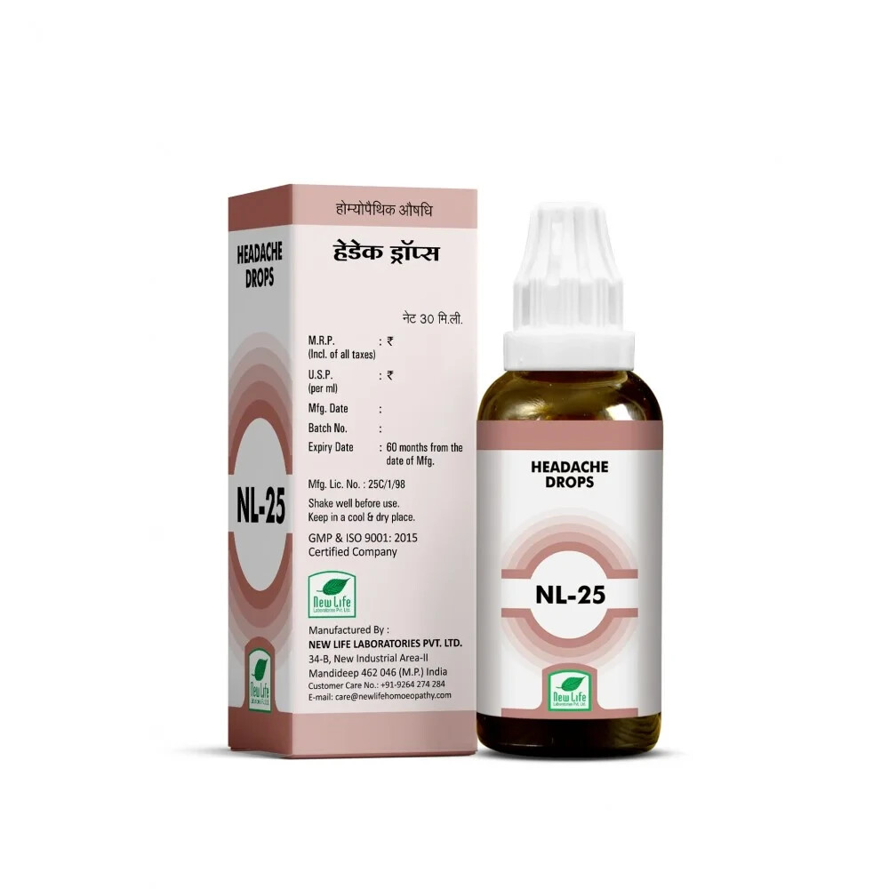 New Life NL-25 Headache Drops | Homeopathic | Pack of 5 | 30ml Each | Free Ship
