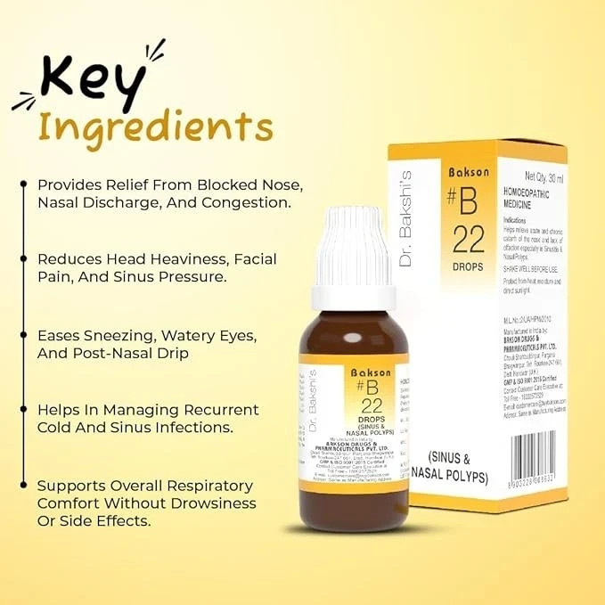 Dr Bakshi B22 Sinus Drops | Homeopathic Relief for Sneezing, Stuffy Nose & Cold