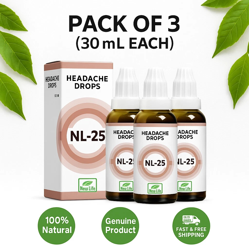 New Life NL-25 Headache Drops | Homeopathic | Pack of 3 | 30ml Each | Free Ship