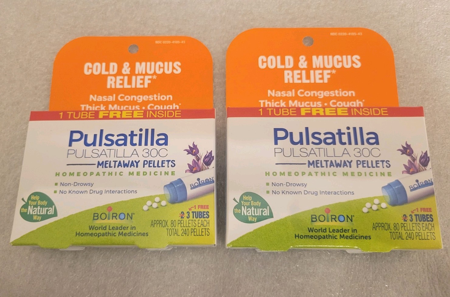 2 boxes, 6 tubes, 480 pallets, Boiron Pulsatilla 30C Cold, Congestion, Mucus
