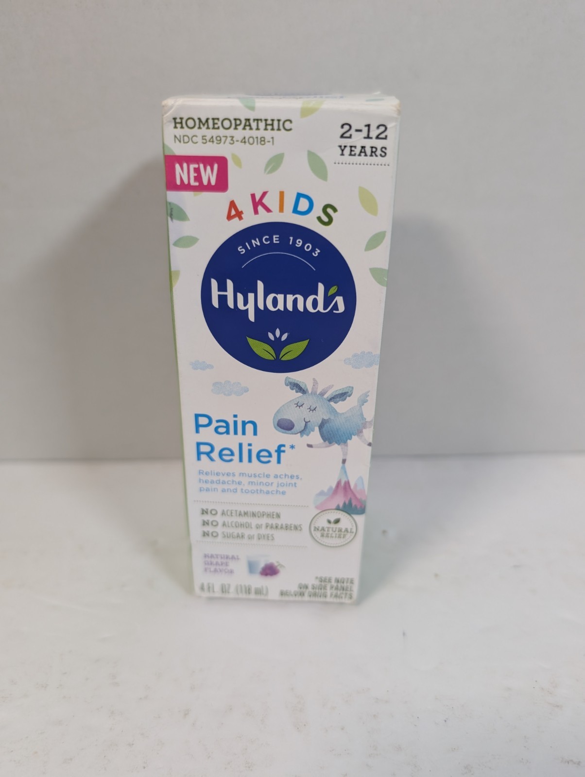 Hyland’s 4 Kids Homeopathic Pain Relief Liquid Natural Grape Flavor 4oz in Box