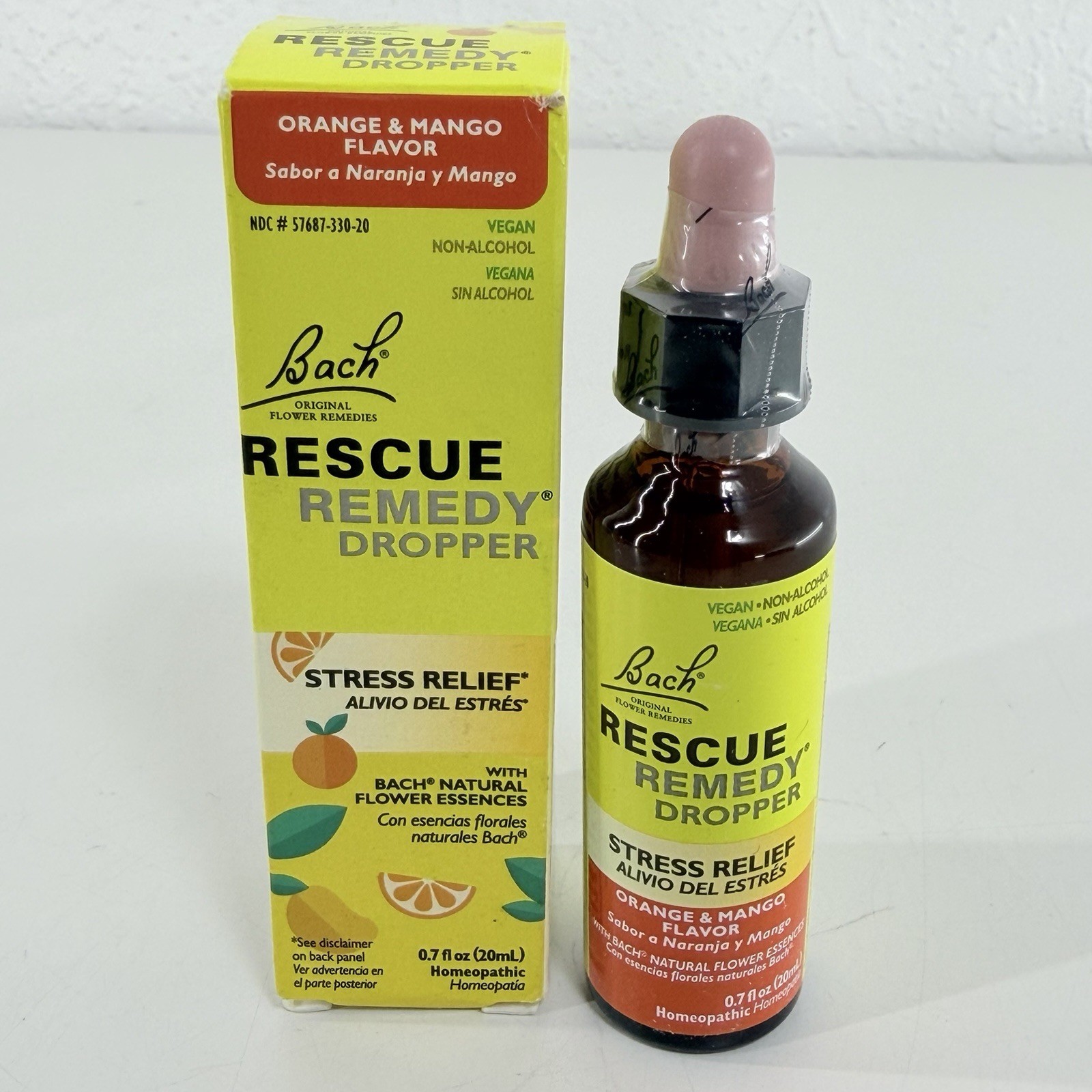 2 PACK, 0.7 fl oz (20mL) EACH bottle, Bach RESCUE REMEDY Dropper Orange Mango
