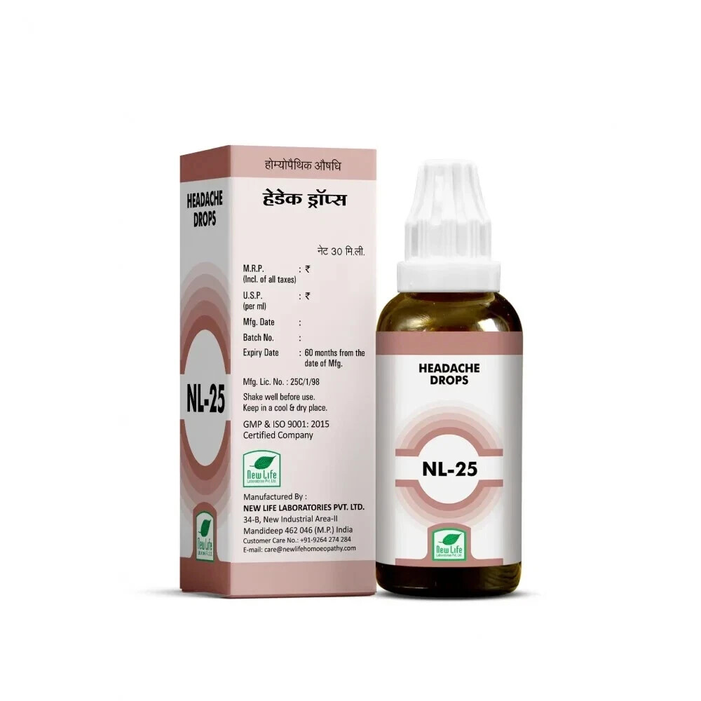 New Life NL-25 Headache Drops | Homeopathic | Pack of 3 | 30ml Each | Free Ship