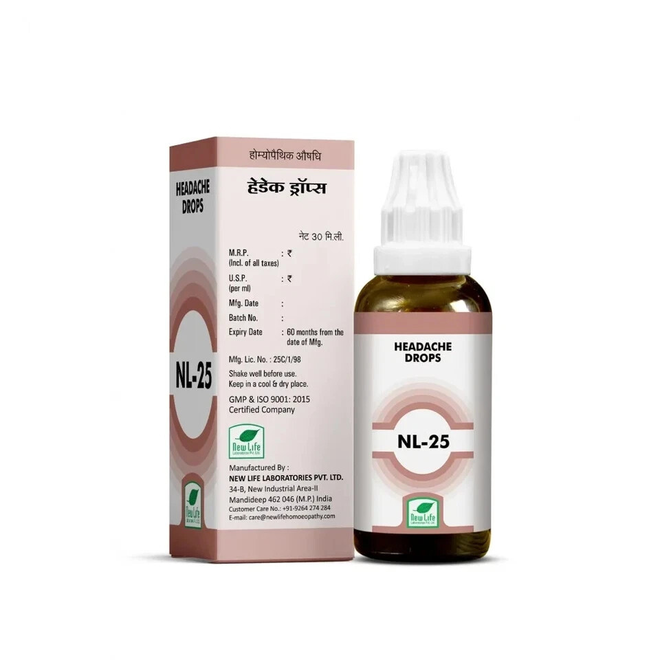 New Life NL-25 Headache Drops | Homeopathic | Pack of 5 | 30ml Each | Free Ship