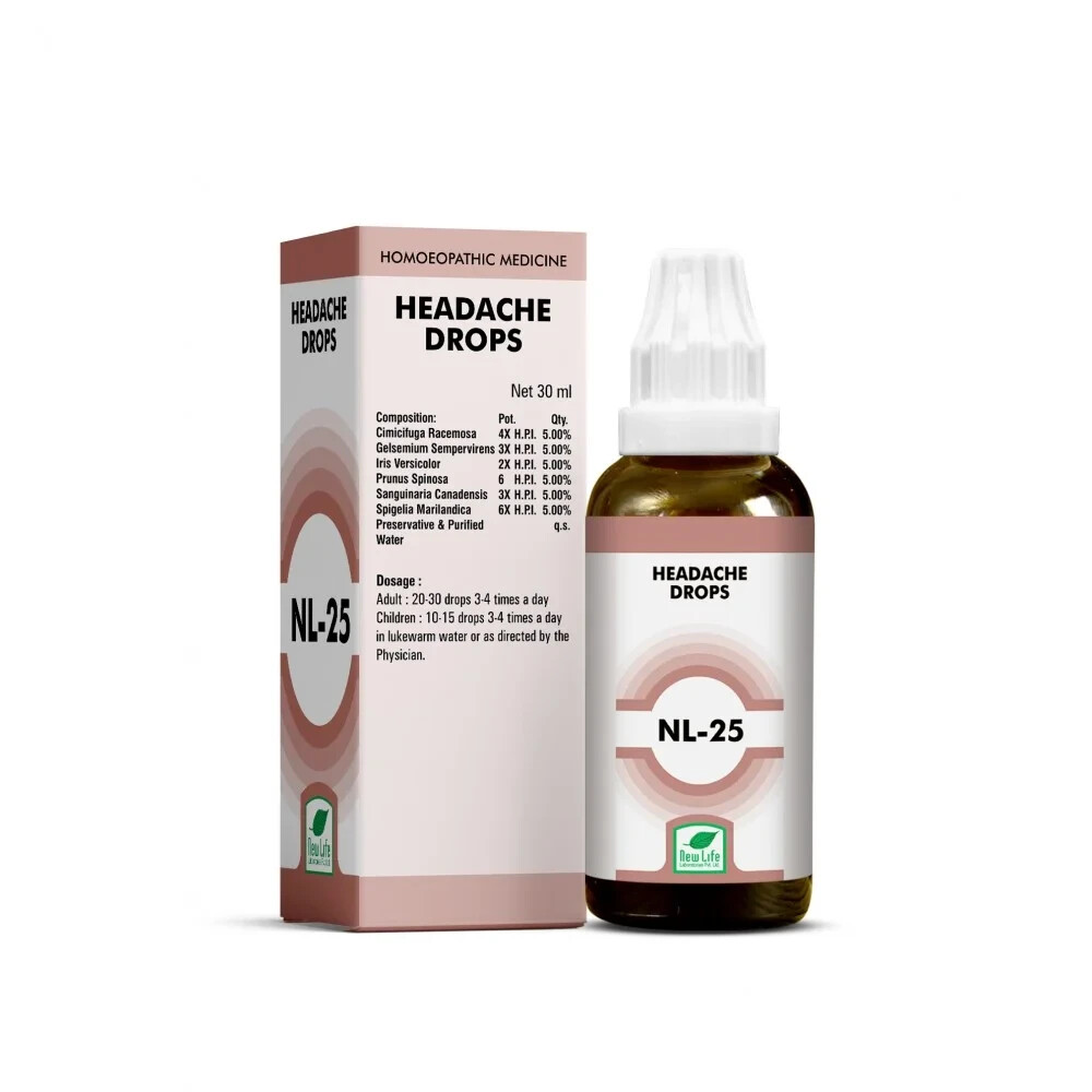 New Life NL-25 Headache Drops | Homeopathic | Pack of 5 | 30ml Each | Free Ship