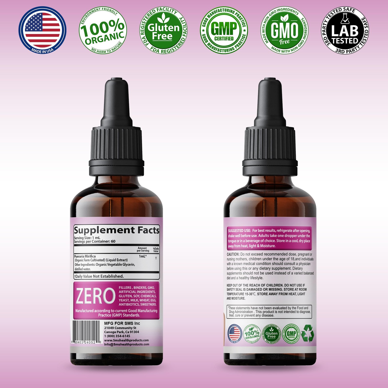 Feminizer by SMS, Pueraria Mirifica Drops for Estrogen | 2 Fl Oz (Pack of 1)